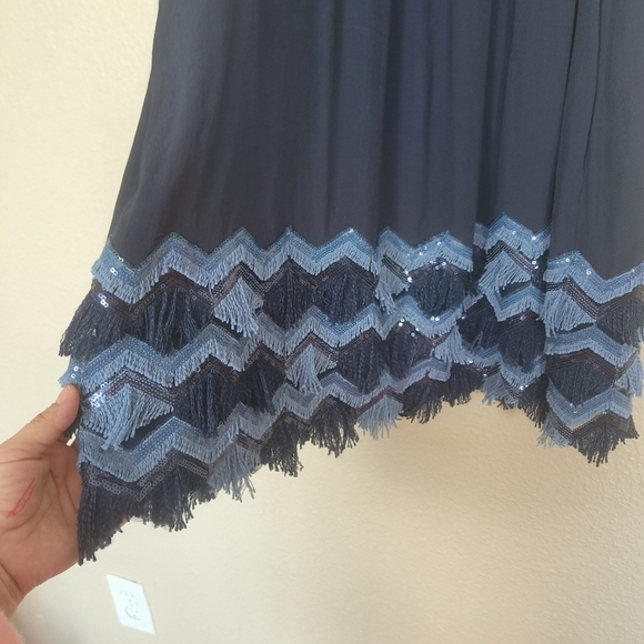 anthropology Maeve Navy Blue Sequin Fringe Fringe Sleeveless Short Dress Sz‎ 2 - Picture 7 of 16